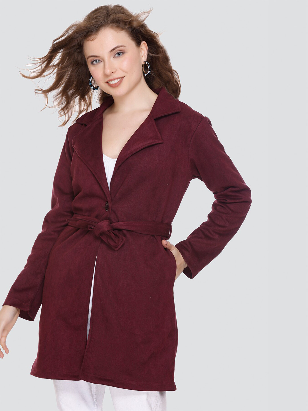 CUSHYBEE Notched Lapel Collar Suede Tie-Up Overcoat