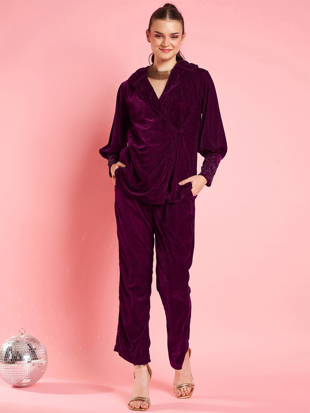 Antheaa Purple Embellished Lapel Collar Velvet Top With Trousers