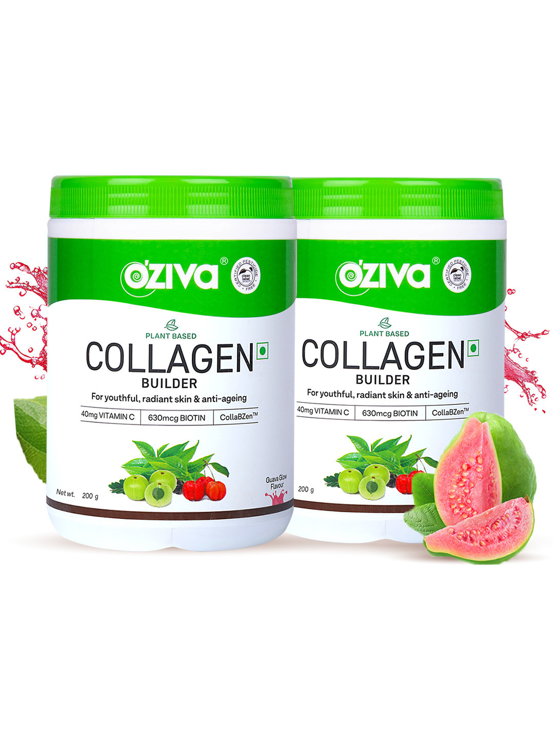 OZiva Set of 2 Vegan Collagen (Guava Glow) with Biotin & Vit C for Youthful Skin 200g Each