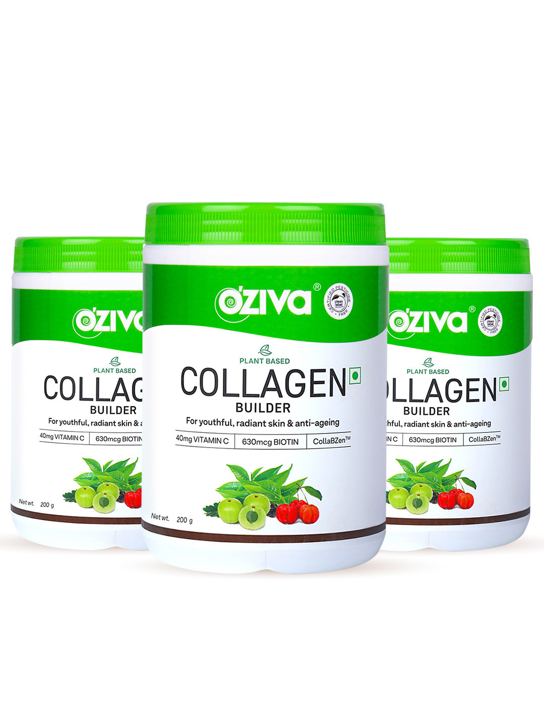 OZiva Set of 3 Vegan Collagen (Tangy Amla) with Biotin & Vit C for Youthful Skin 200g Each