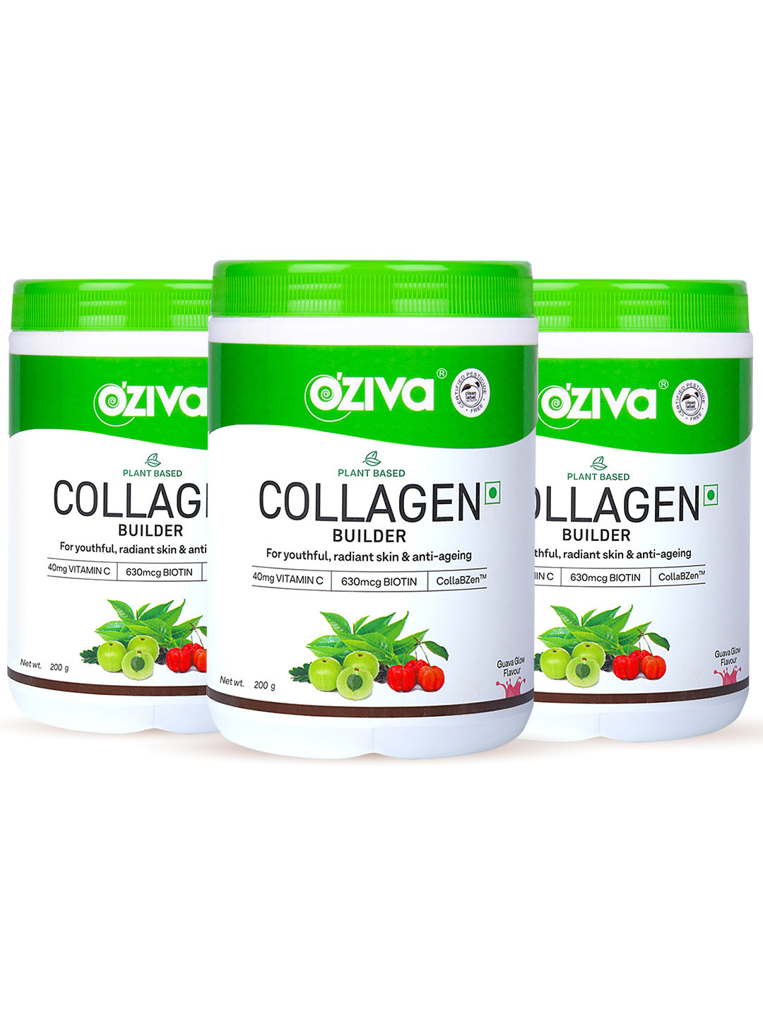 OZiva Set of 3 Vegan Collagen (Guava Glow) with Biotin & Vit C for Youthful Skin 200g Each