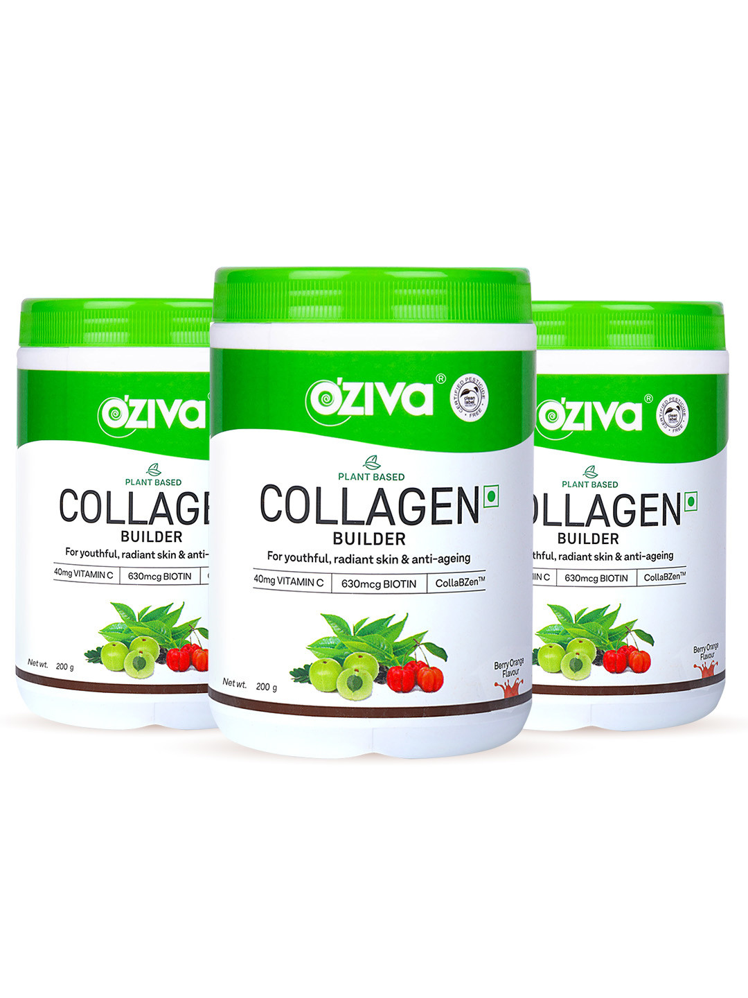 OZiva 3 Pcs Plant Based Collagen Builder For Brighter Skin Tone- Berry Orange - 250g Each