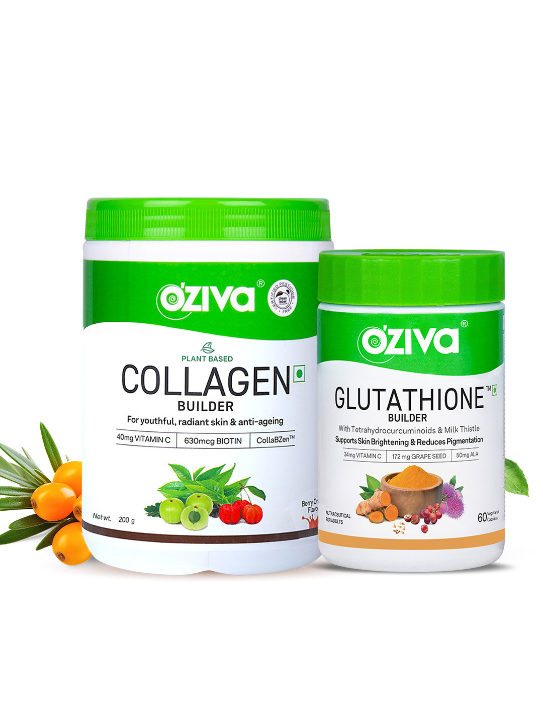 OZiva Set Of Collagen Builder Powder 250g & Glutathione Builder Capsules - 60 Capsules