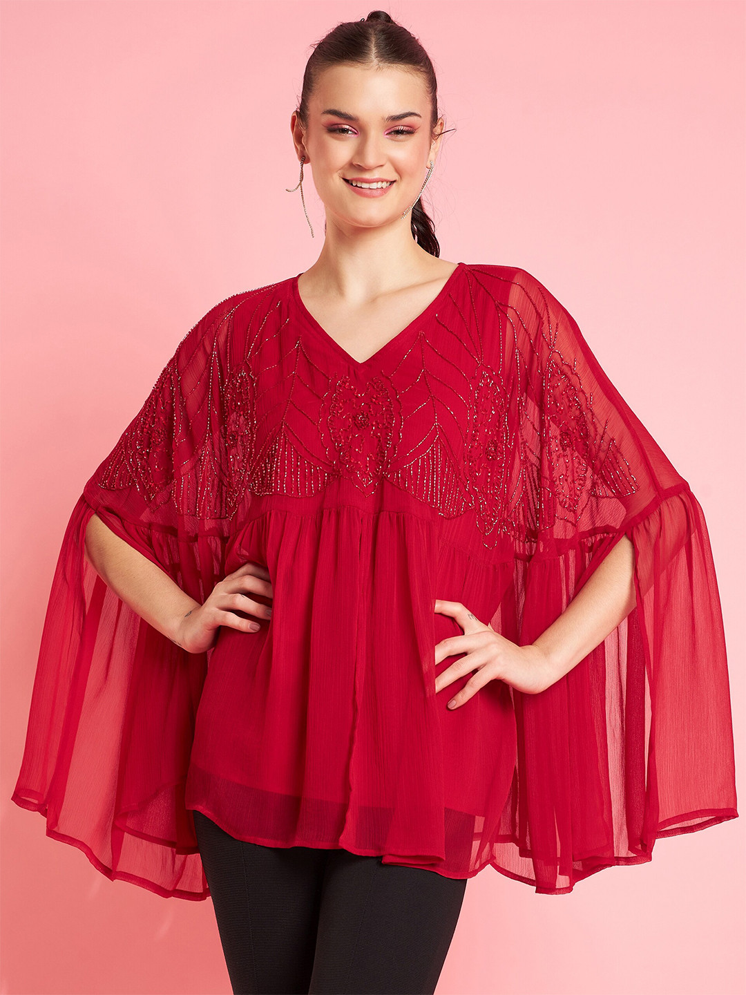 Antheaa Red Embellished Cape Sleeve Chiffon Kaftan Top