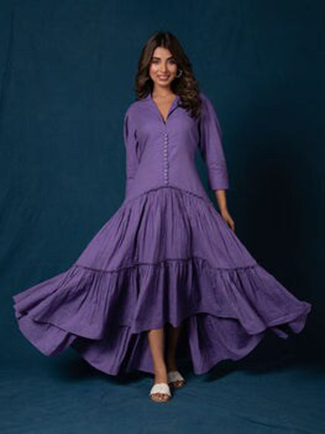 Aaheli Shirt Collar Maxi Midi Cotton Dress
