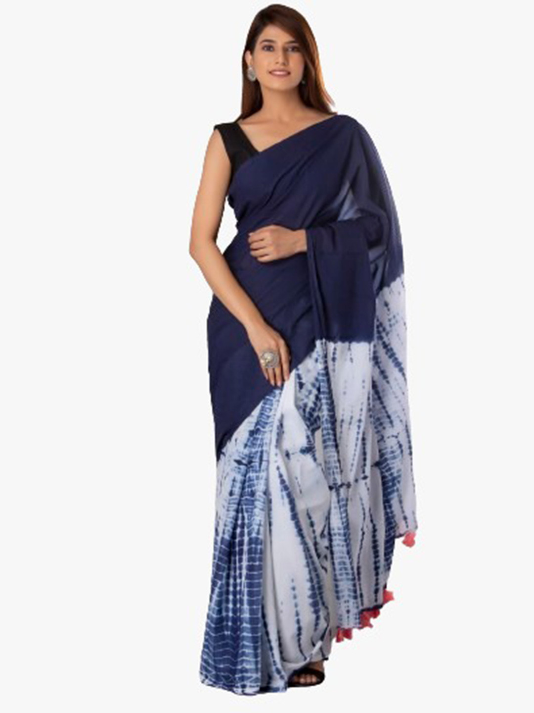 JALTHER Blue & White Tie and Dye Pure Cotton Block Print Saree