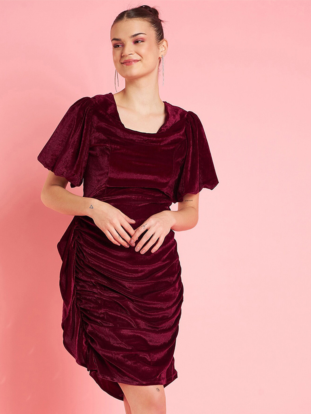 Antheaa Flutter Sleeve Velvet Sheath Party Dress