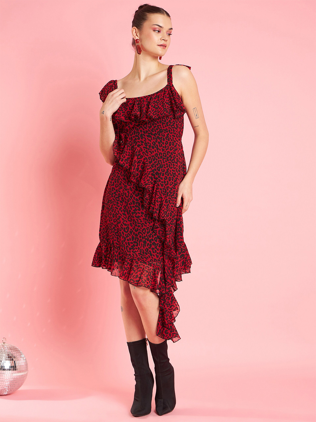 Antheaa Print Shoulder Straps Layered Chiffon Sheath Dress