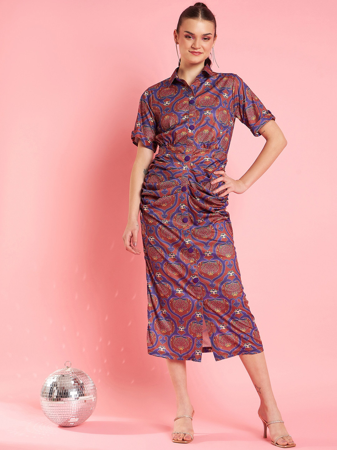 Antheaa Rust Printed Shirt Midi Dress