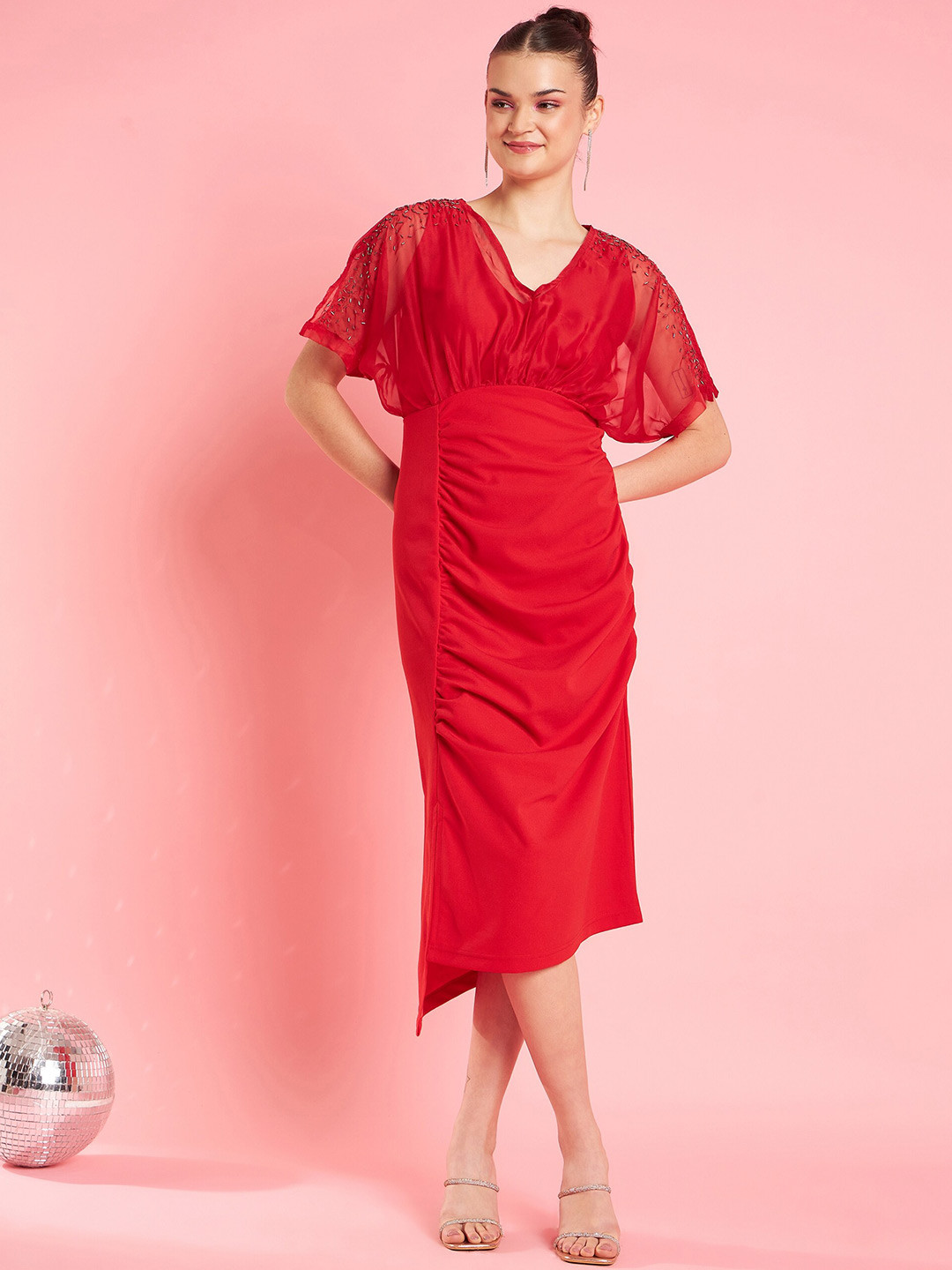 Antheaa Red Embellished V-Neck Sheath Dress