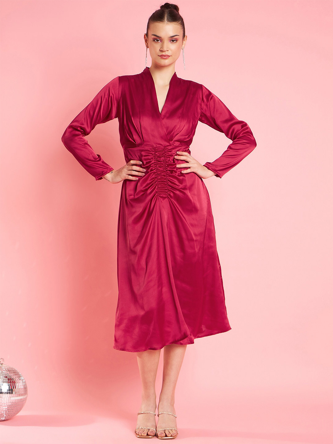 Antheaa Red Satin Midi Dress