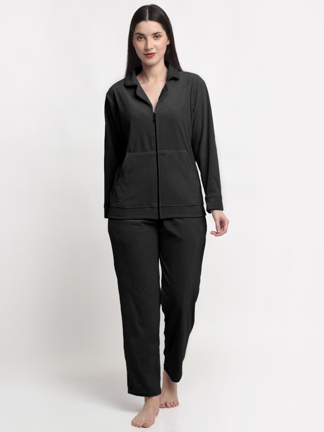 FABINALIV Solid Velvet Zip Closure Winter Night Suit