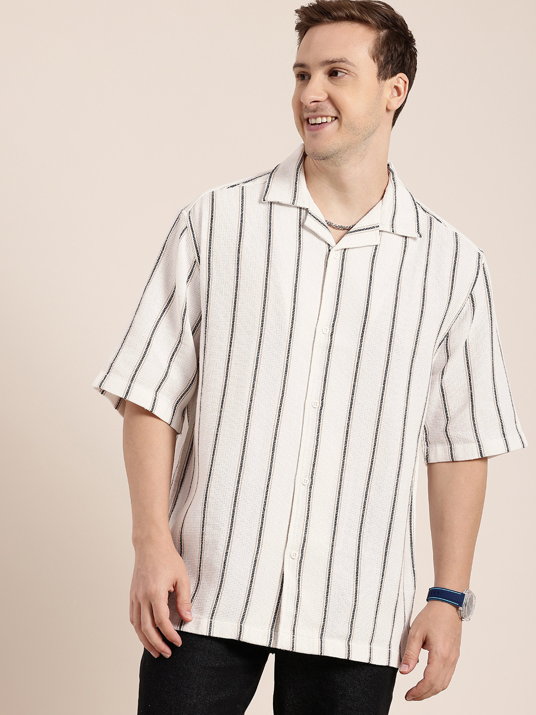 HERE&NOW Vertical Stripes Self Design Relaxed Fit Knitted Casual Shirt