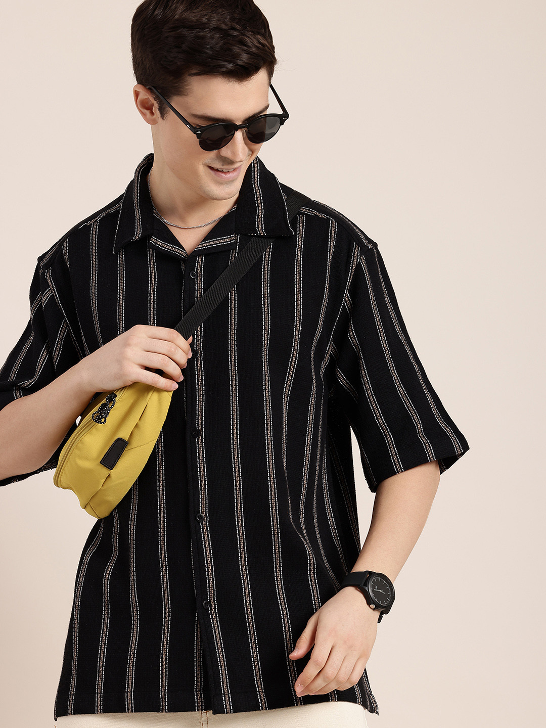 HERE&NOW Vertical Stripes Self Design Relaxed Fit Knitted Casual Shirt