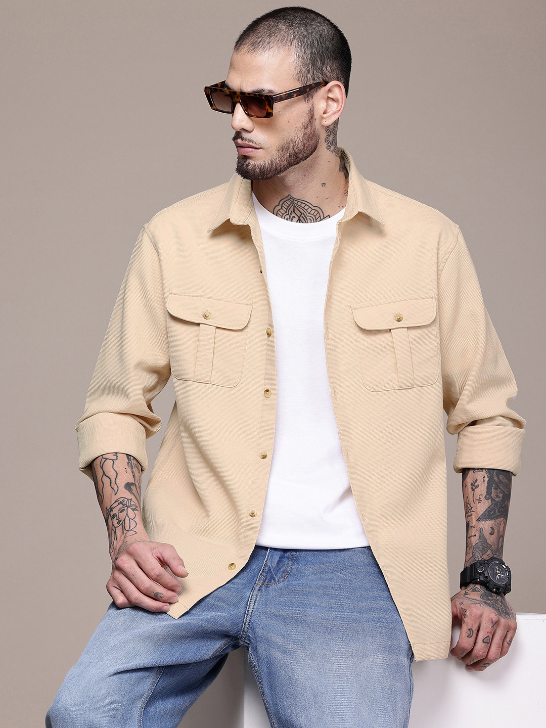 WROGN Self Design Textured Spread Collar Flap Pocket Casual Shirt