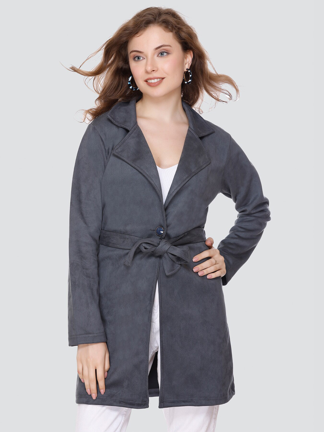 CUSHYBEE Notched Lapel Collar Suede Tie-Up Overcoat