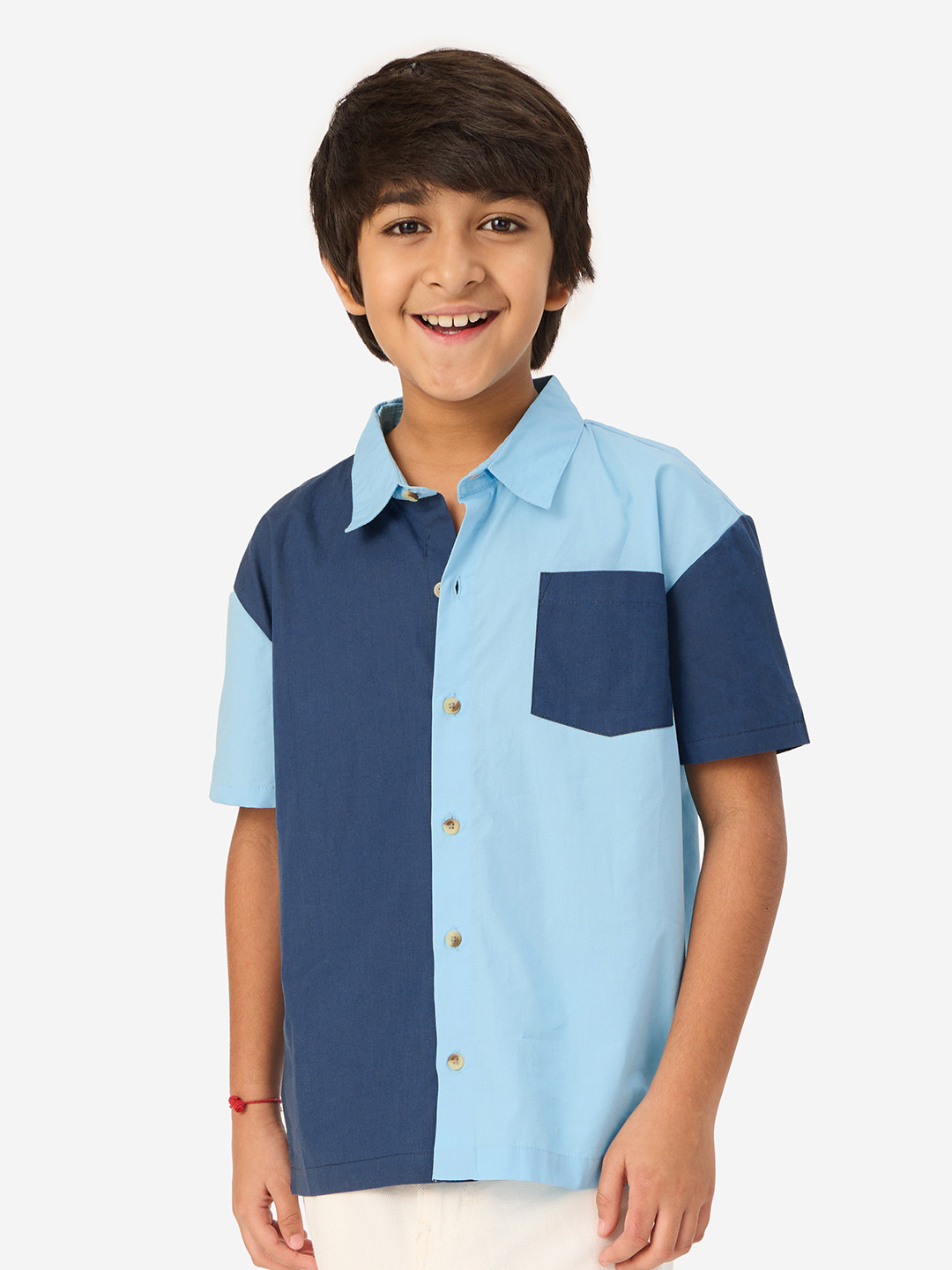 The Souled Store Boys Navy Blue Colourblocked Short Sleeves Cotton Casual Shirt