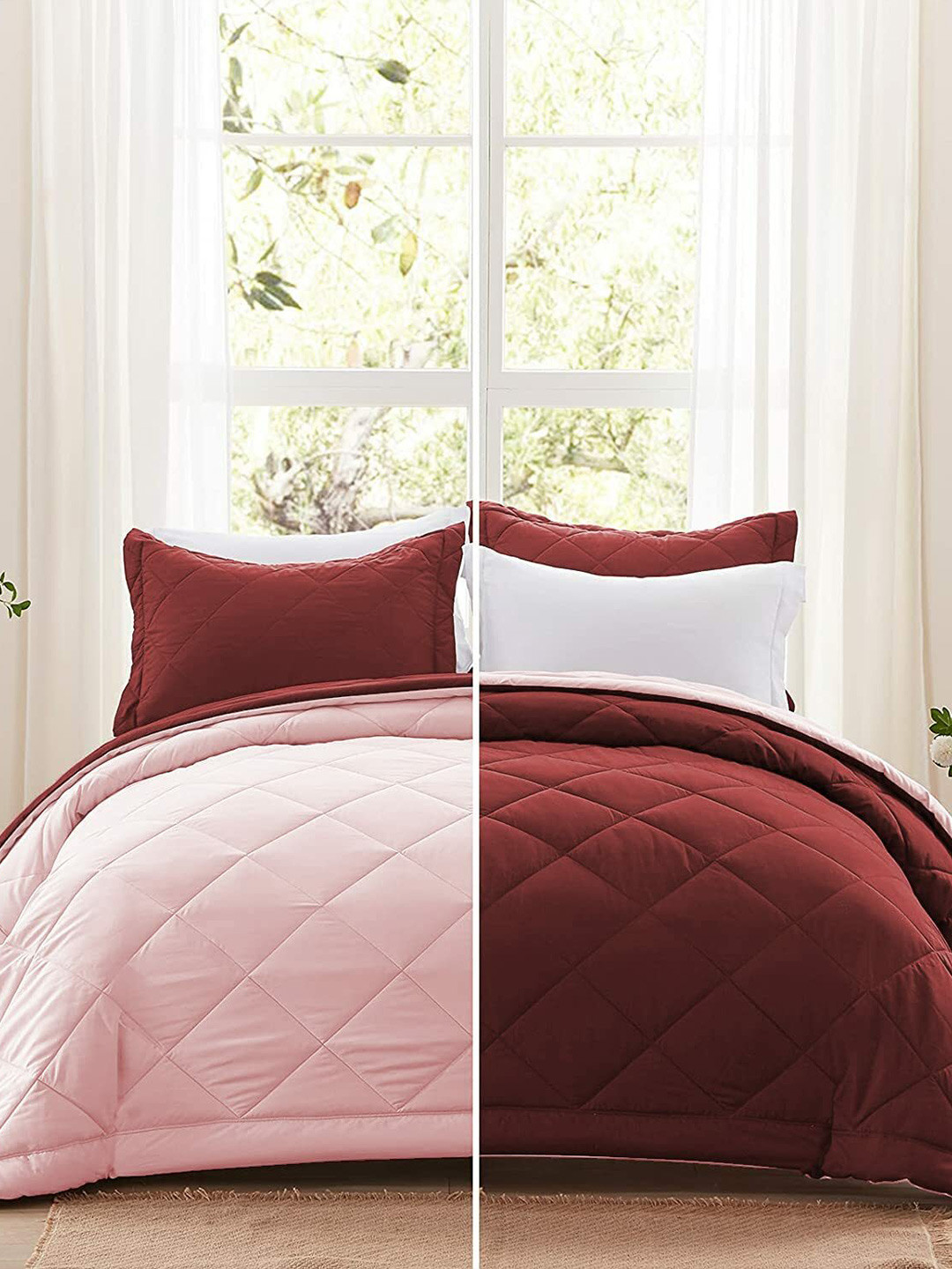 RF RELAXFEEL Maroon & Peach-Coloured Checked Heavy Winter 233 GSM Double Bed Comforter