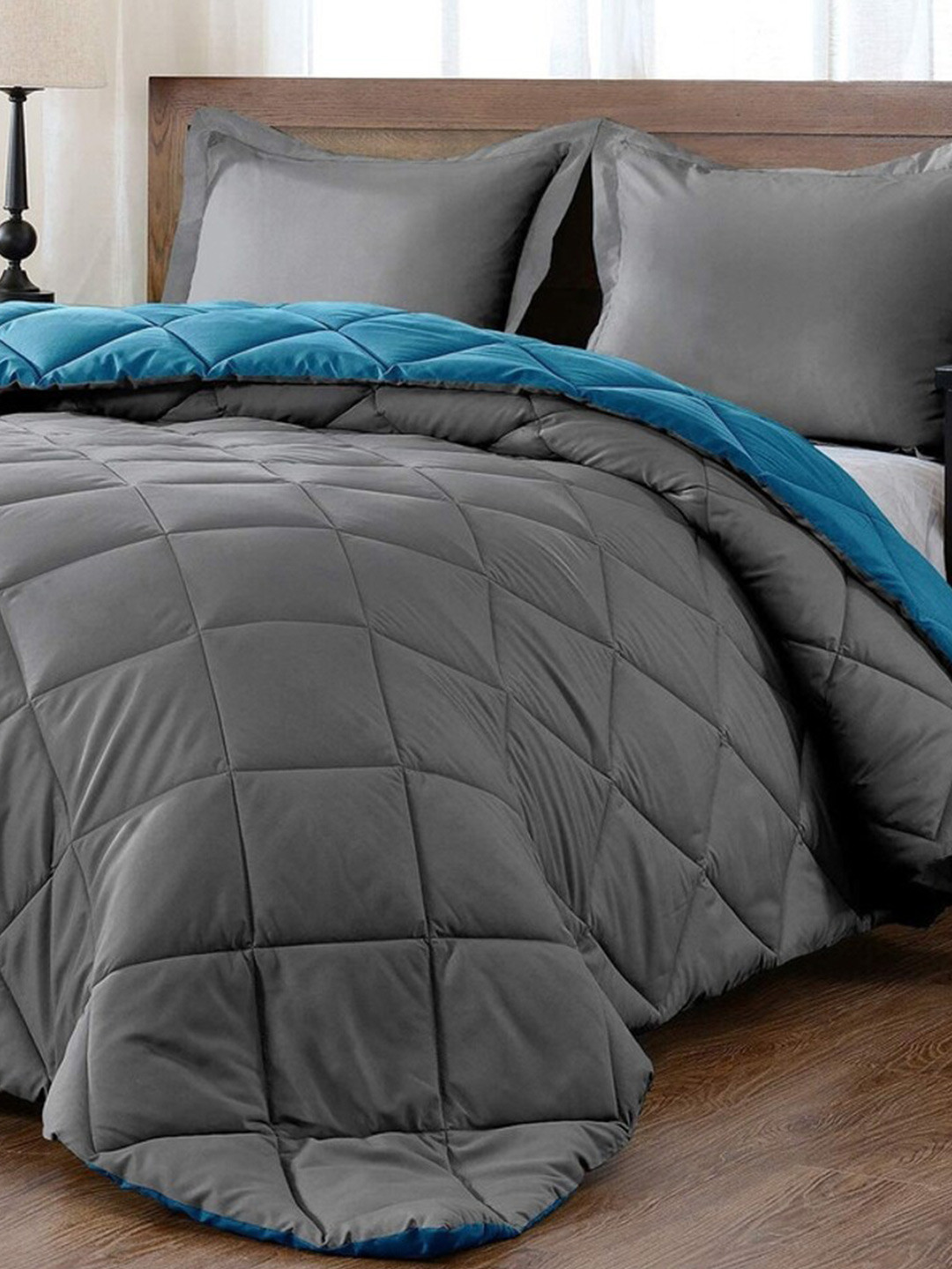 RF RELAXFEEL Grey & Blue Checked Heavy Winter 233 GSM Double Bed Quilt
