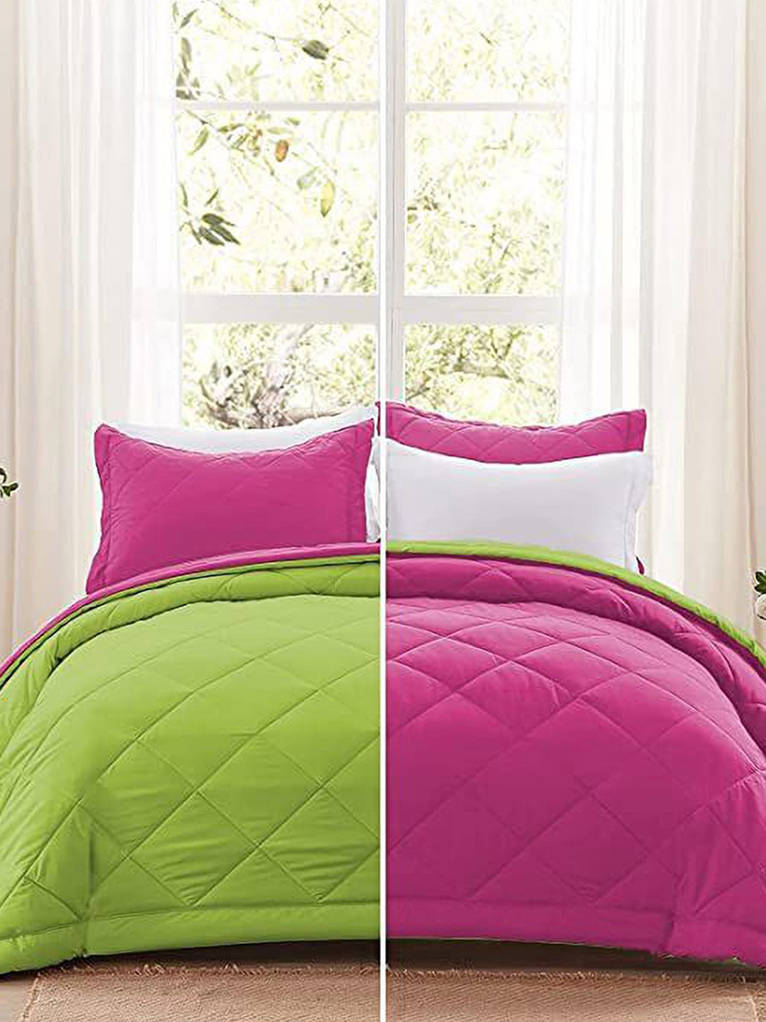 RF RELAXFEEL Pink & Green Heavy Winter 233 GSM Double Bed Quilt
