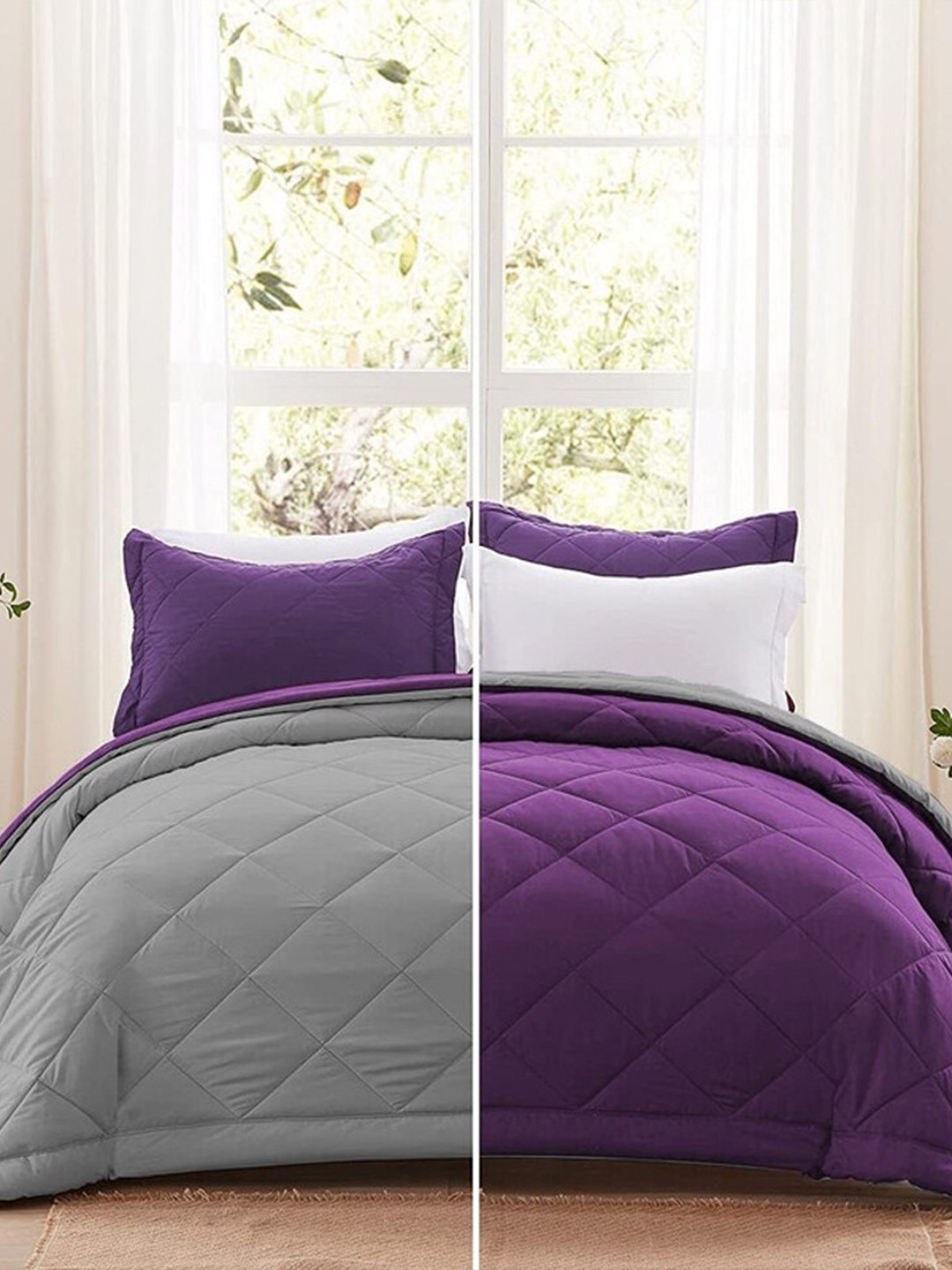 RF RELAXFEEL Purple & Grey Checked Heavy Winter 233 GSM Single Bed Quilt