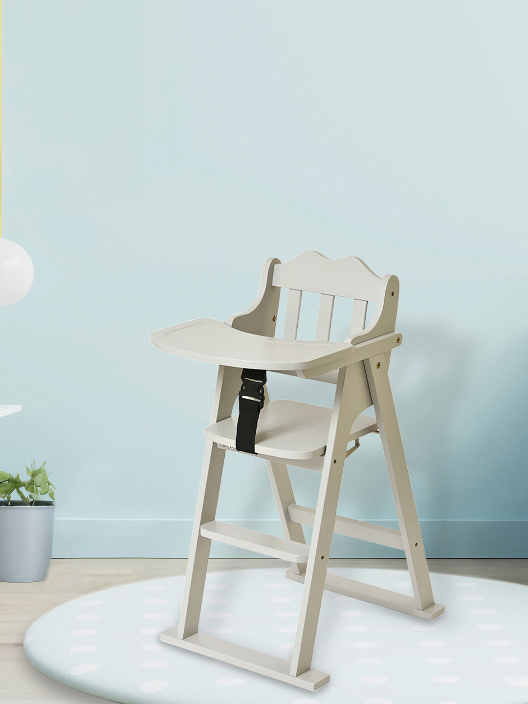 MiArcus Foldable Rubber Wood Baby High Chair with Safety Harness & Anti-Skid Wooden Legs