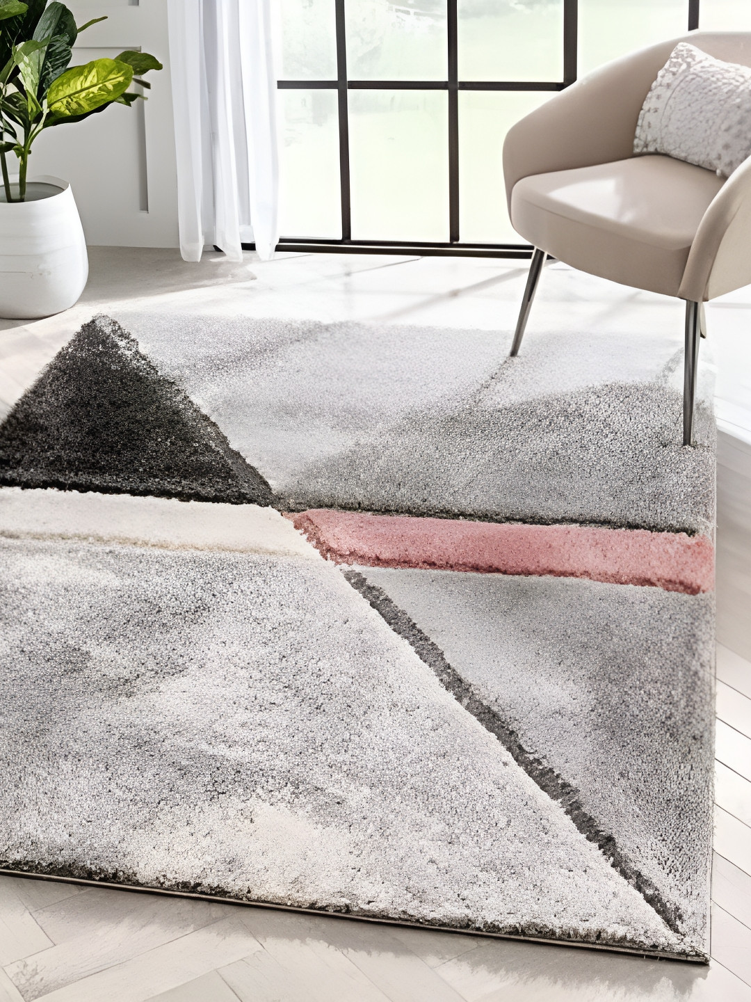 Shopgallery Pink & Grey Geometric Anti-Skid Shaggy Carpet