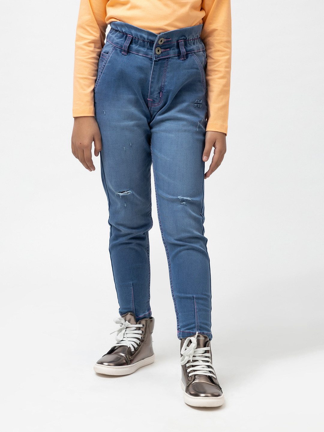 Purple United Kids Girls Mid-Rise Mildly Distressed Light Fade Cotton Jeans