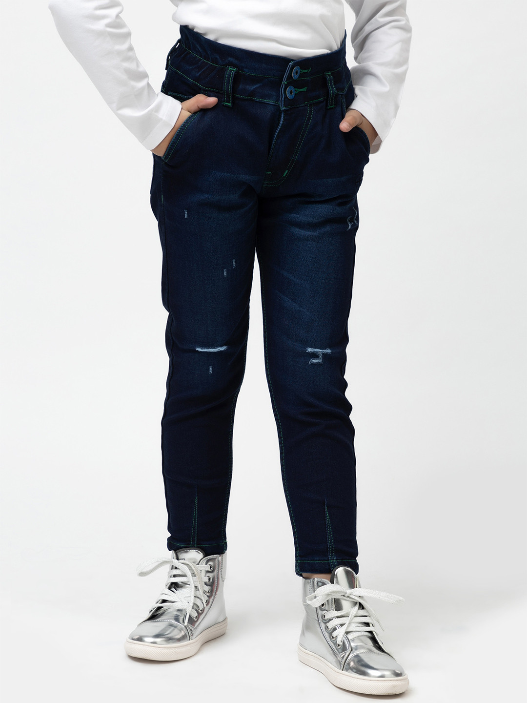 Purple United Kids Girls Mid Rise Low Distressed Light Fade Cotton Jeans