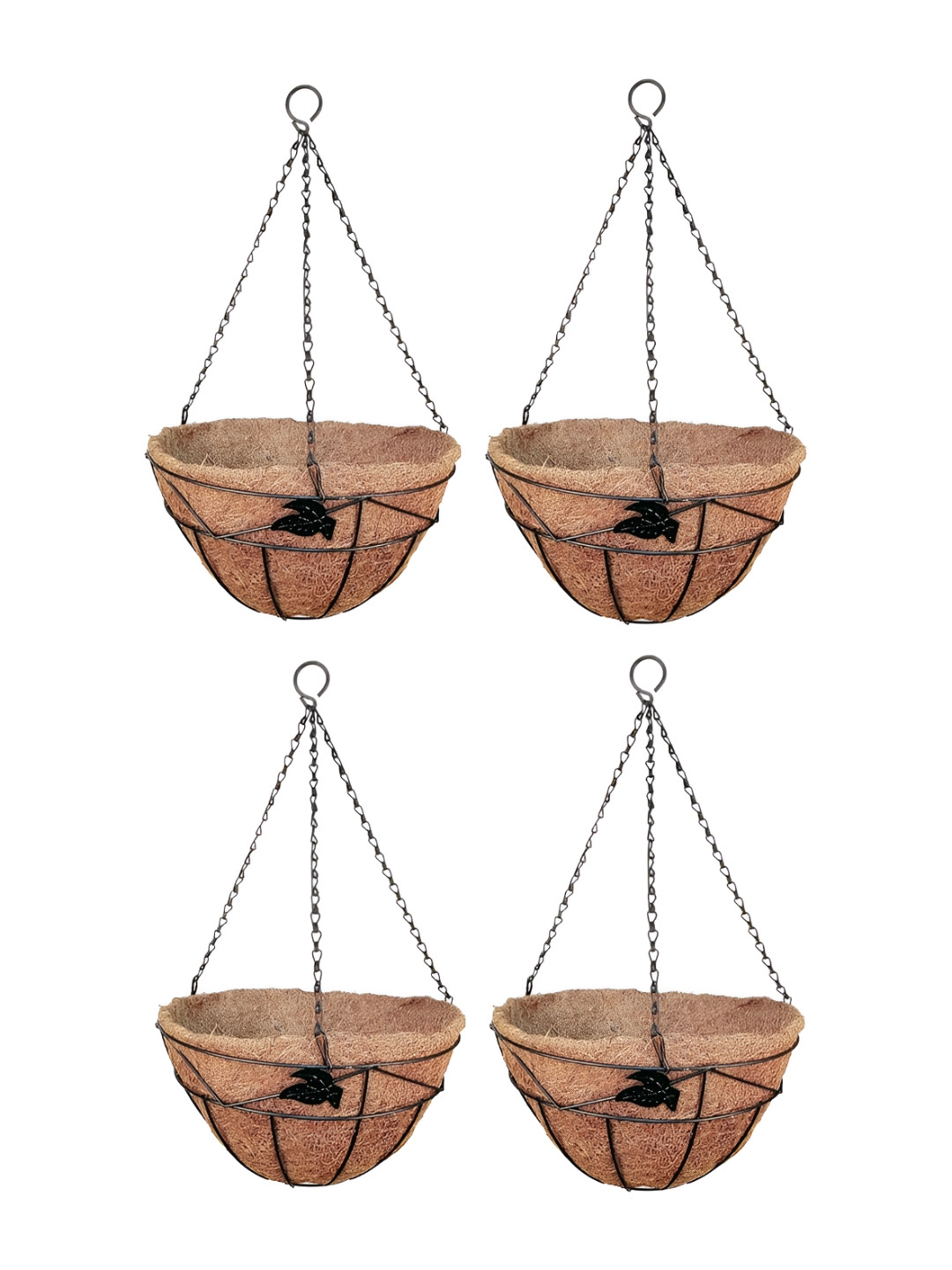 Garden Deco Black 4 Pieces  Leaf Design Hanging Basket Textured Metal Planters