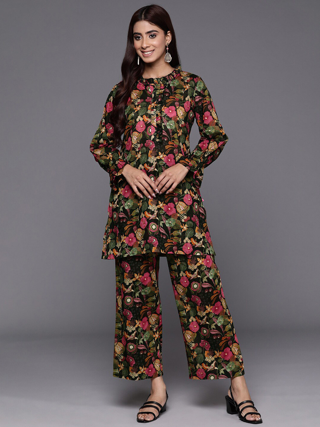 Varanga Floral Printed Long Ruffled Sleeves Pure Cotton Co-Ord Sets