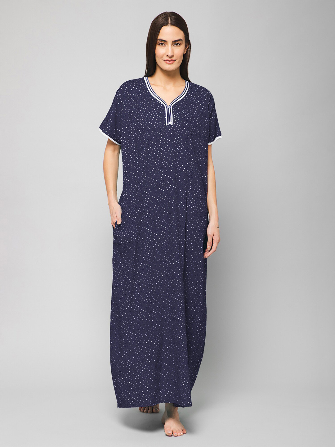 Winza Designer Polka Dots Printed Pure Cotton Maxi Nightdress