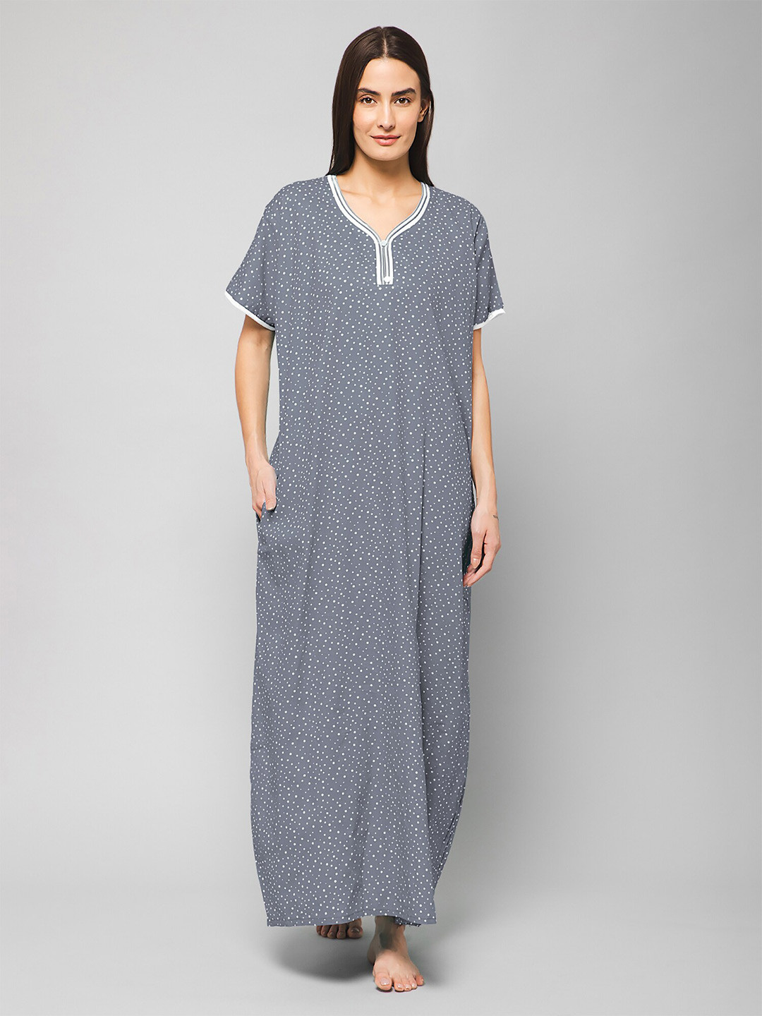 Winza Designer Polka Dots Printed Pure Cotton Maxi Nightdress