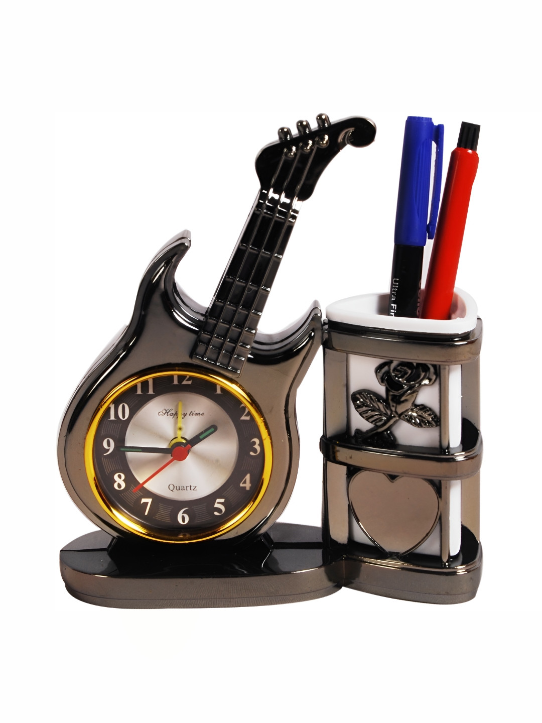 Sigaram Black & Gold Toned Textured Table-Alarm Clock With Pen Stand