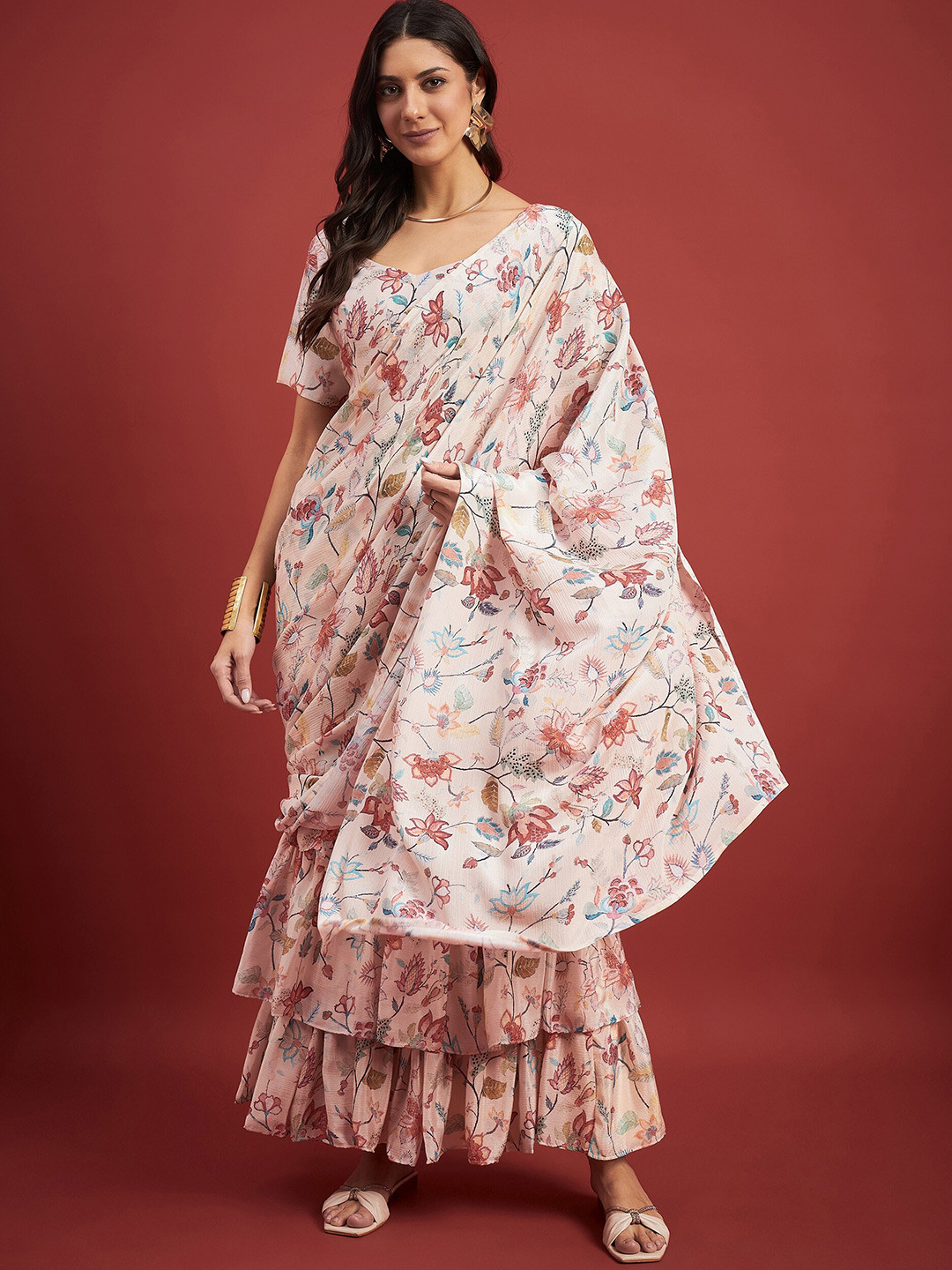 all about you Off White & Pink Floral Printed Saree