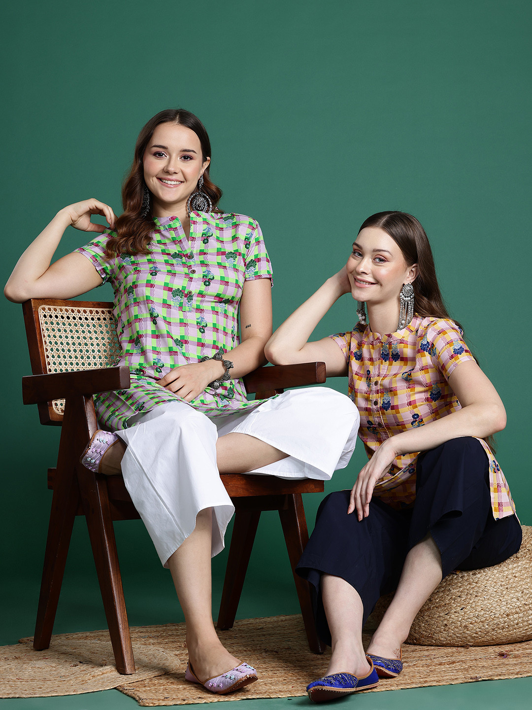 Sangria Checked Indie Floral High-Low Kurta