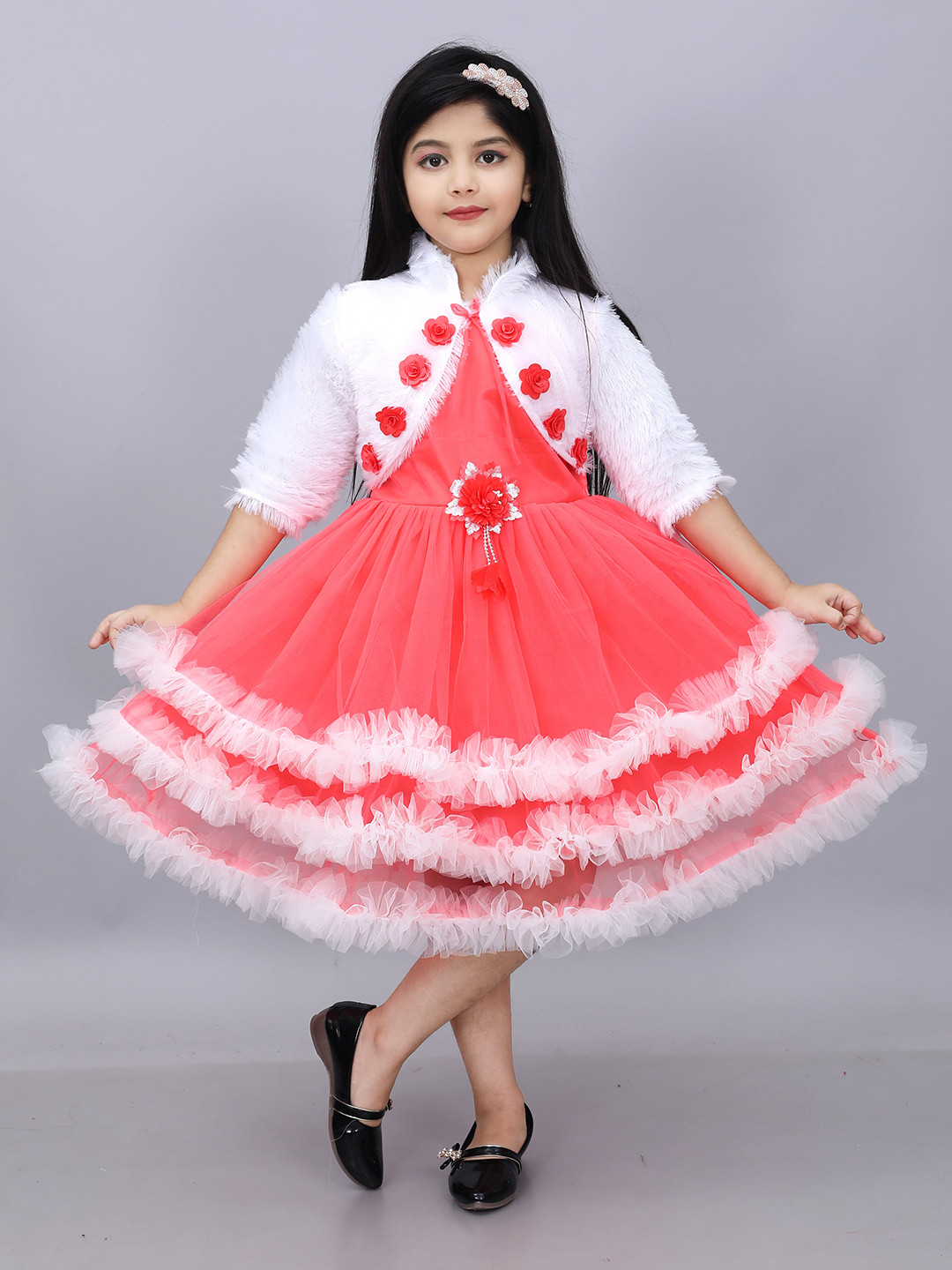 BAESD Girls Colourblocked Woollen Net Fit & Flare Midi Dress with Jacket