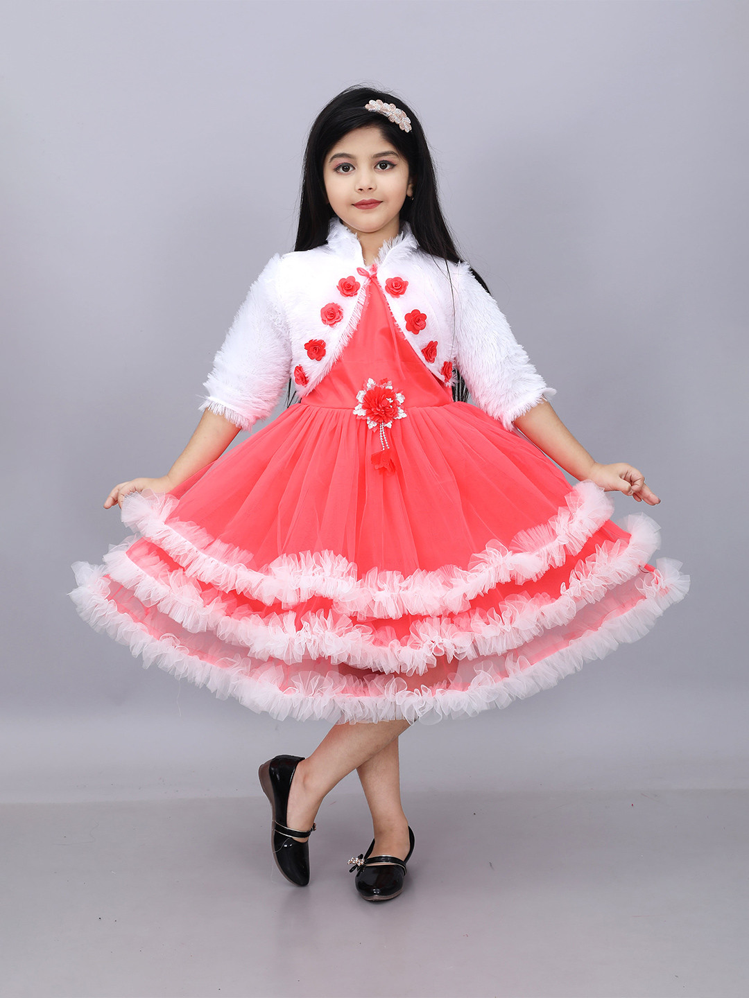 BAESD Girls Colourblocked Woollen Net Fit & Flare Midi Dress with Jacket