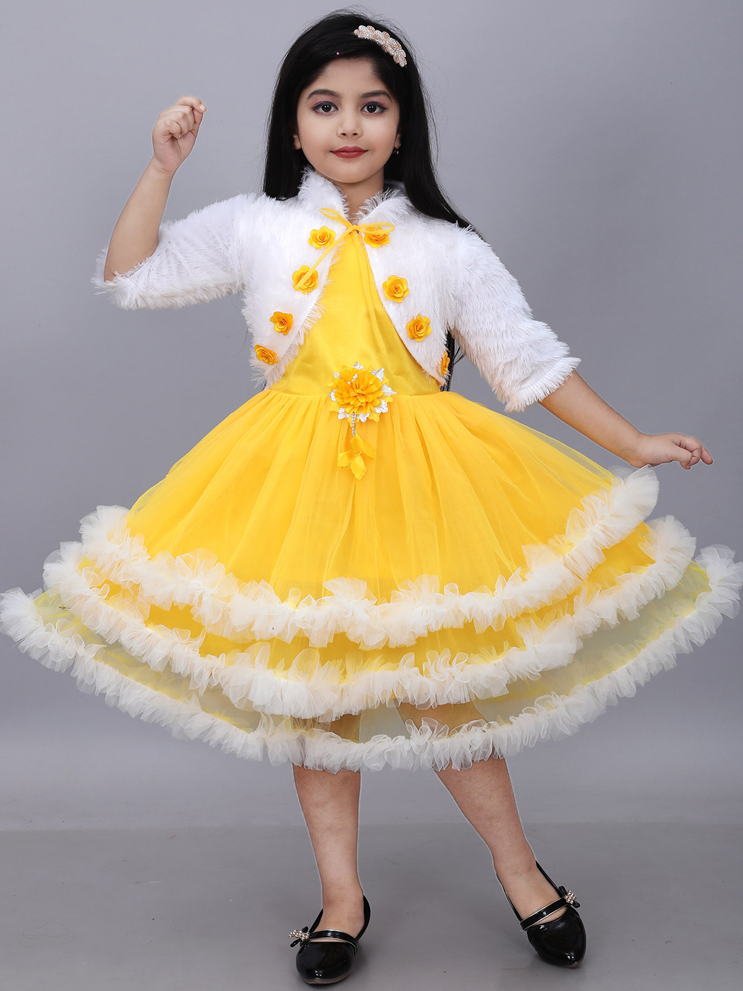 BAESD Girls Colourblocked Woollen Net Fit & Flare Midi Dress
