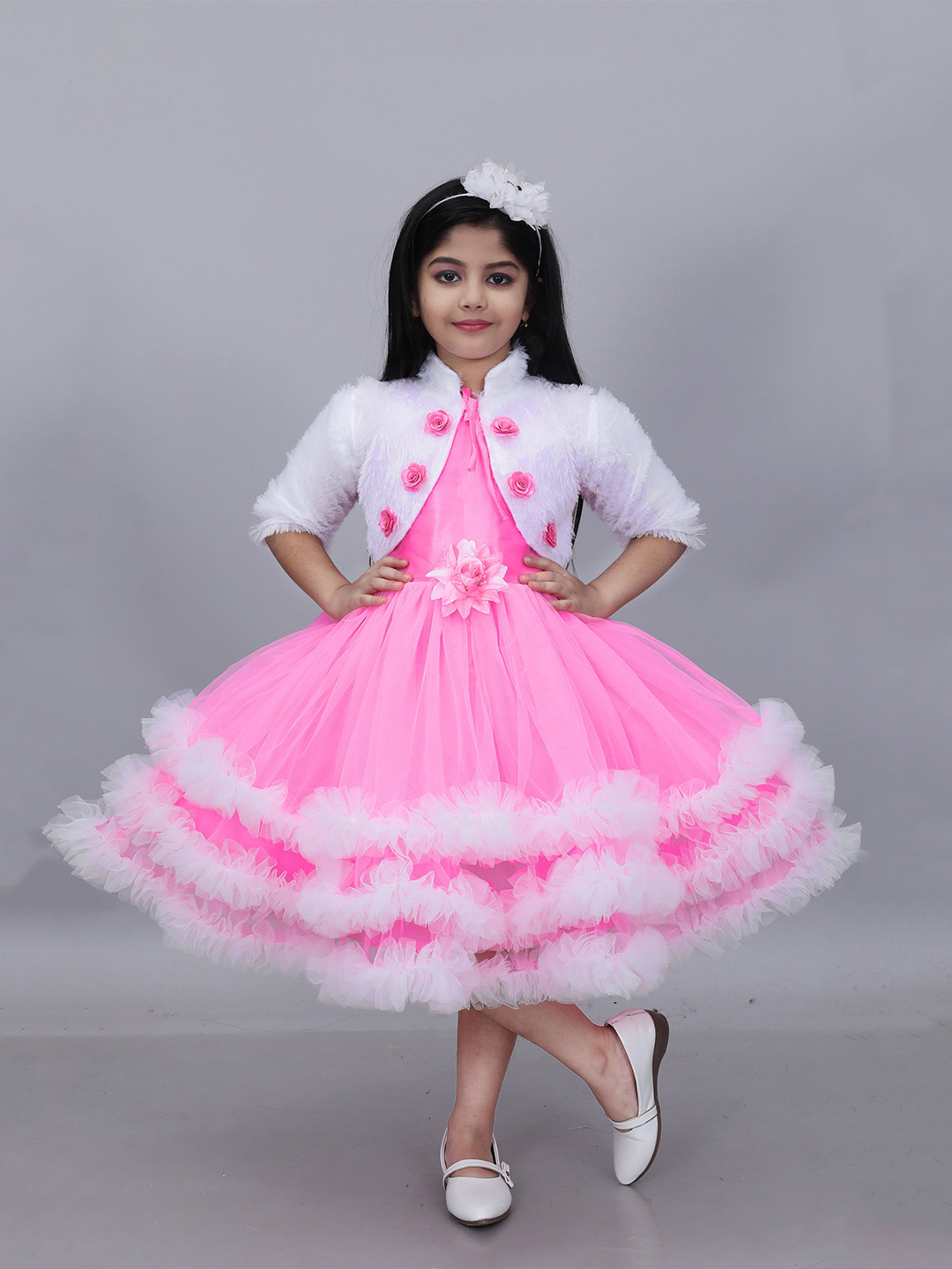 BAESD Girls Floral Colourblocked Woollen Net Fit & Flare Midi Dress with Jacket