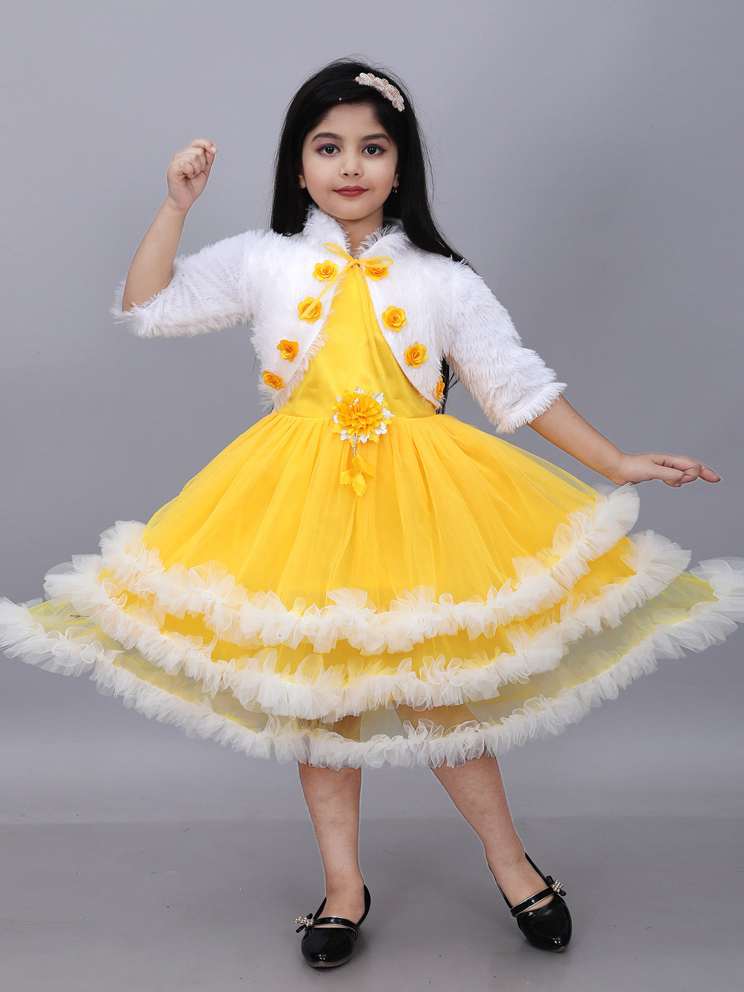 BAESD Girls Colourblocked Woollen Net Fit & Flare Midi Dress with Jacket