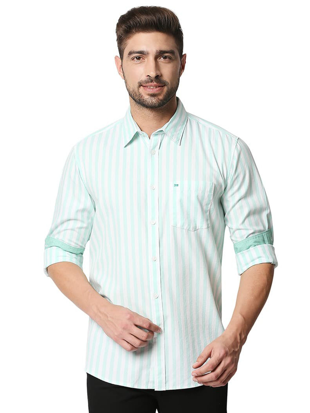 Basics Slim Fit Cotton Beach Glass Twill Striped Casual Shirt