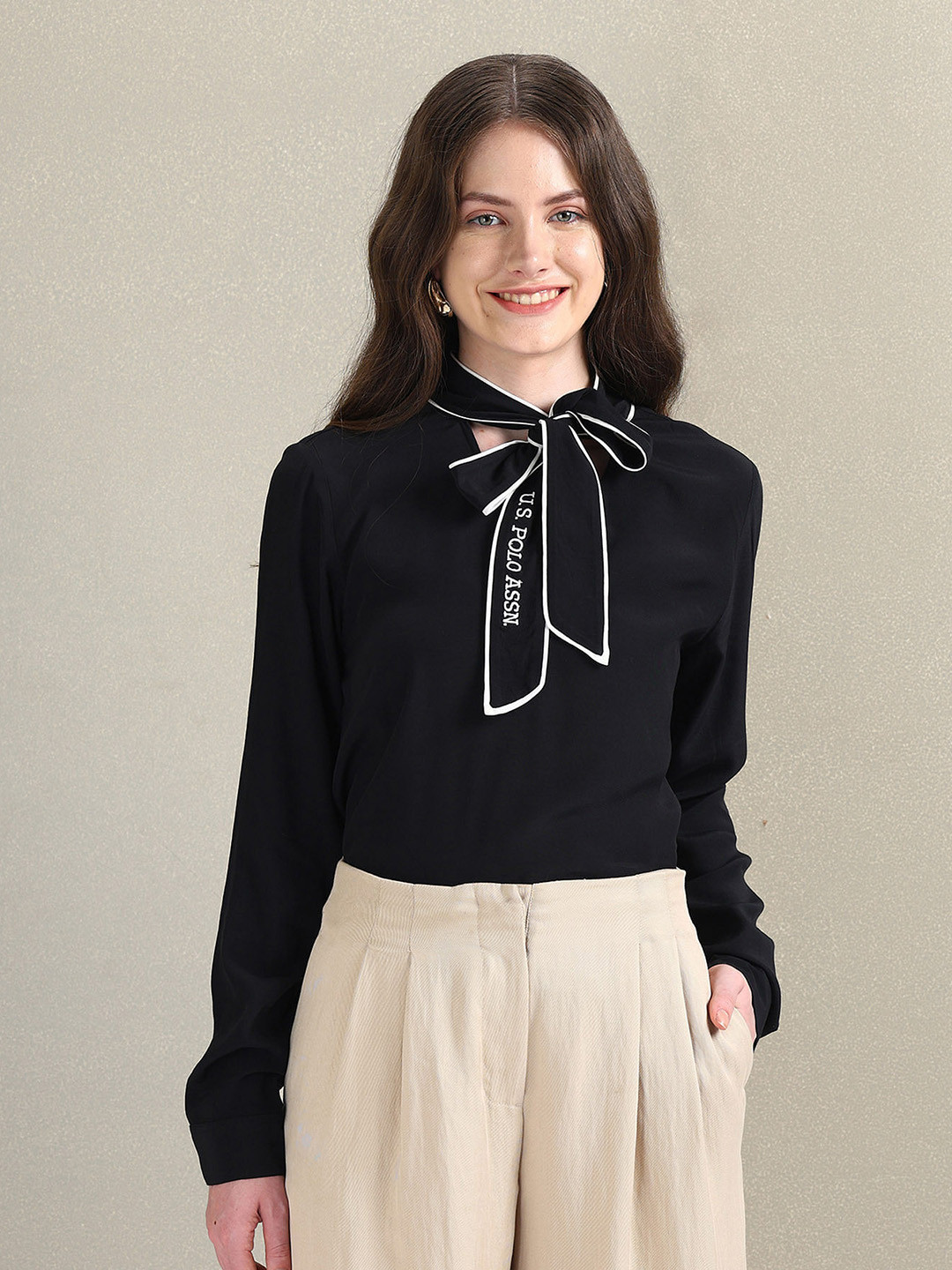 U.S. Polo Assn. Women Tie-Up Neck Cuffed Sleeves Cotton Top