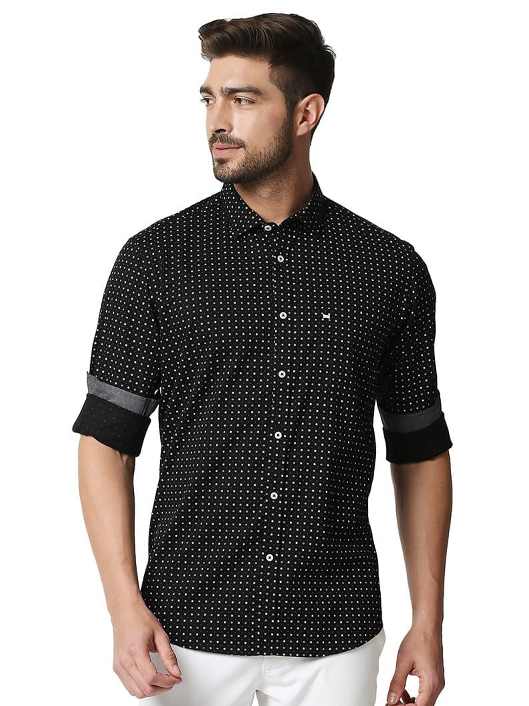 Basics Slim Fit Opaque Cotton Moonlight Twill Printed Casual Shirt