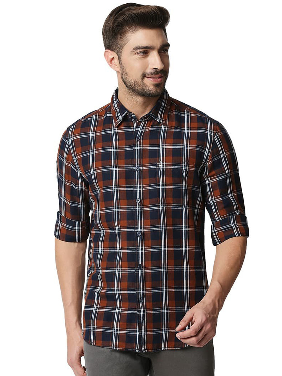 Basics Tartan Checks Cotton Slim Fit Spread Collar Curved Casual Shirt