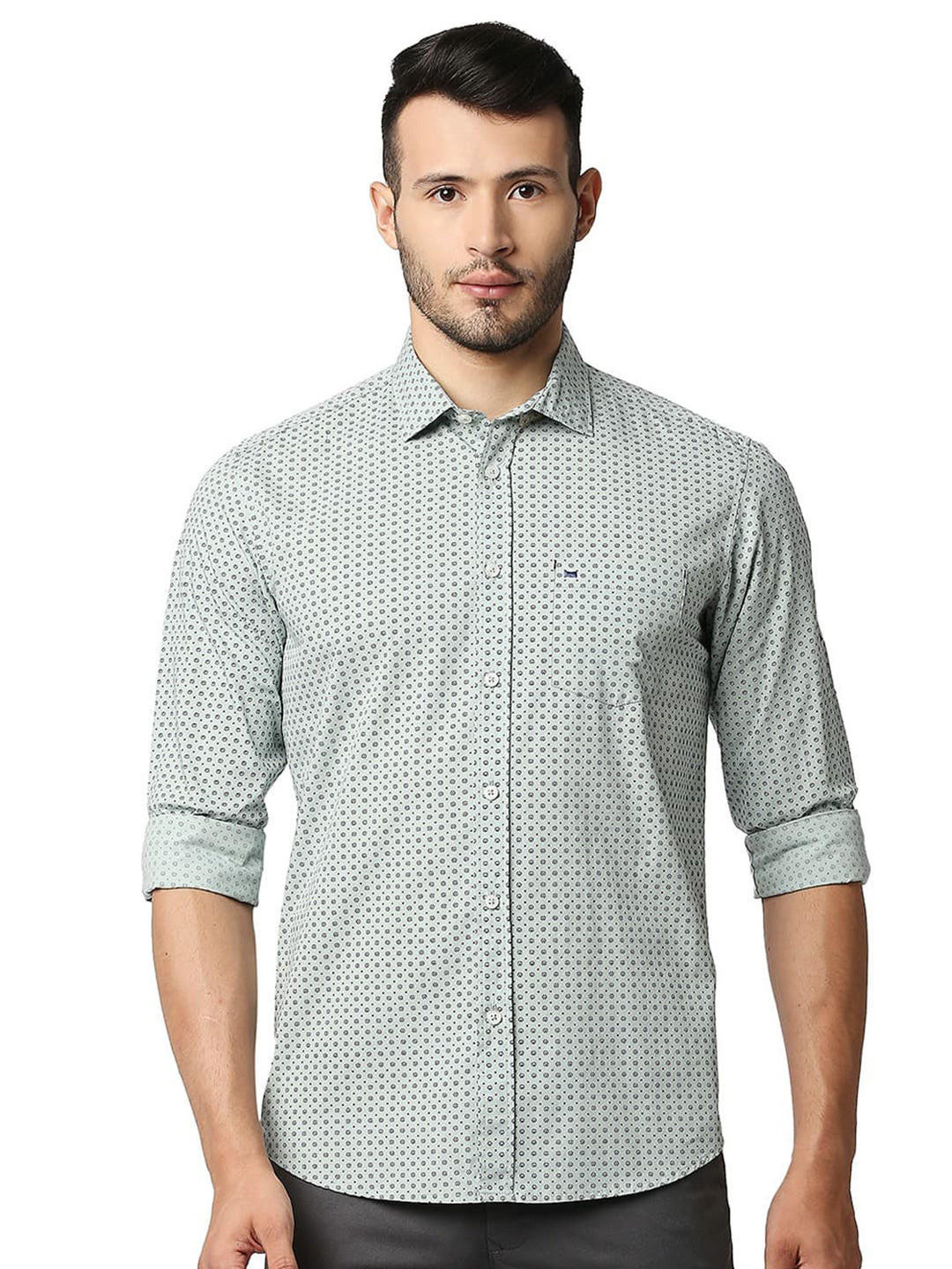 Basics Micro Ditsy Printed Spread Collar Long Sleeves Cotton Slim Fit Casual Shirt