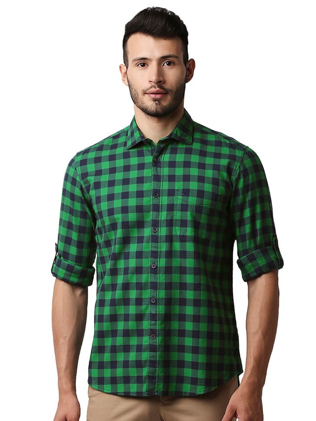 Basics Slim Fit Herring Bone Twill Checks Cotton Checked Casual Shirt