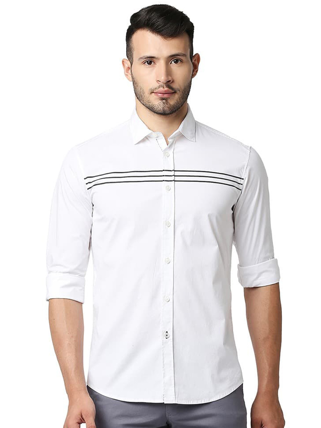 Basics Slim Fit Opaque Cotton Casual Stretch Stripe Shirt