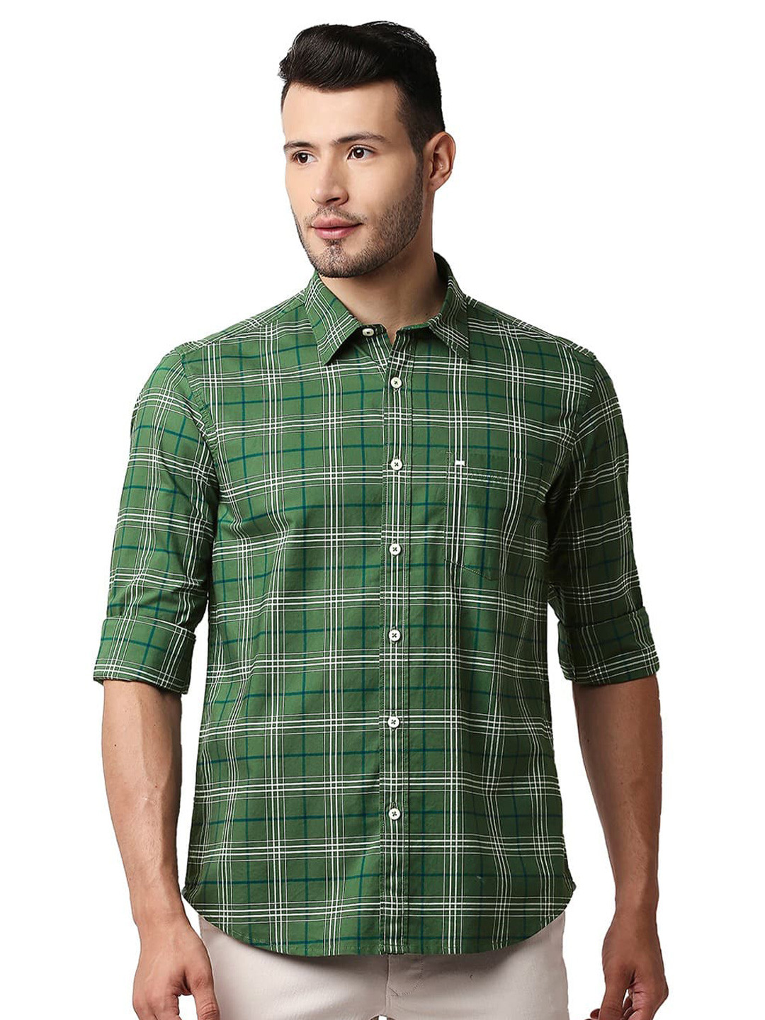 Basics Spread Collar Slim Fit Opaque Checked Casual Shirt