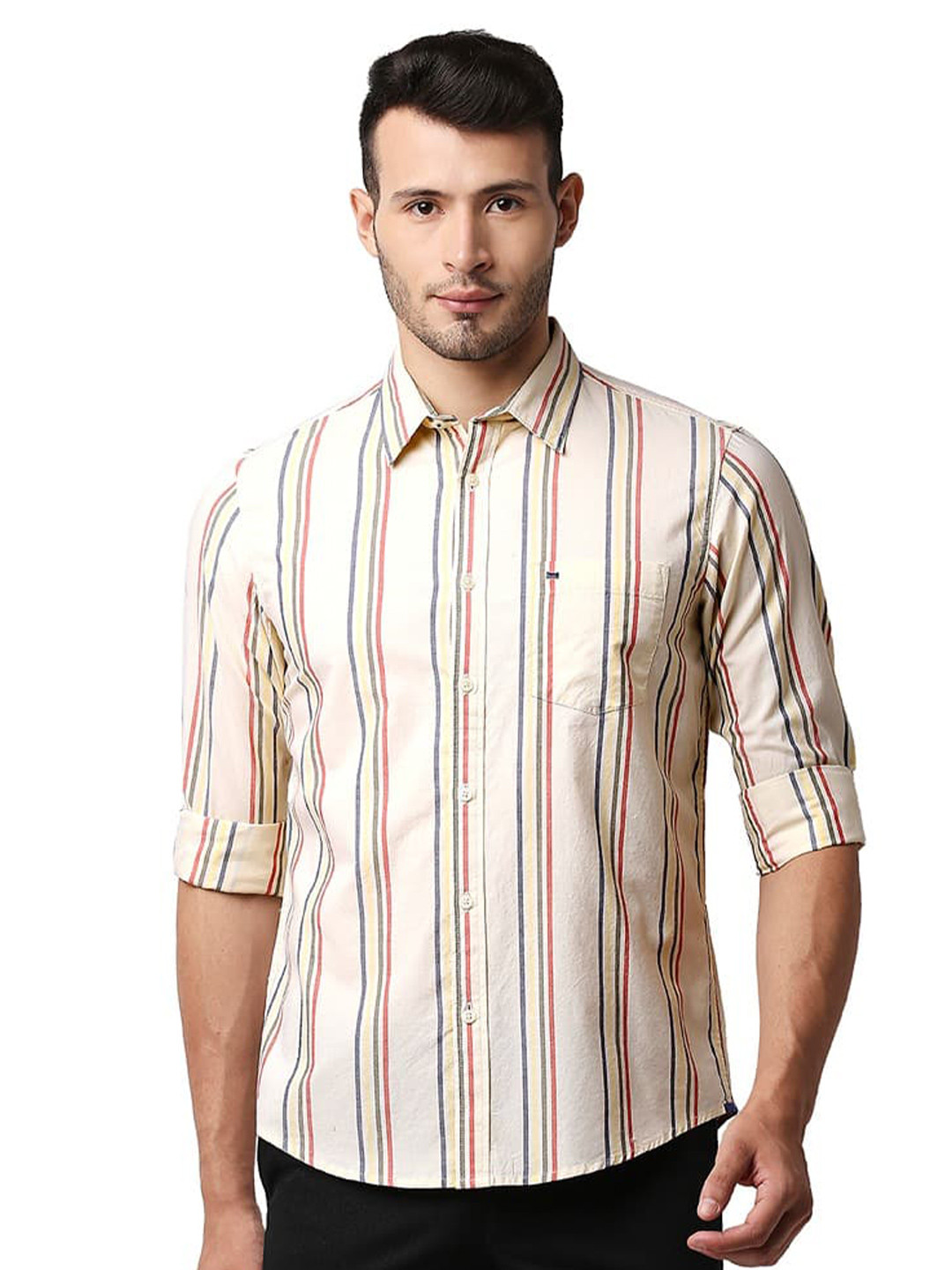 Basics Slim Fit Cotton After Glow Oxford Striped Casual Shirt